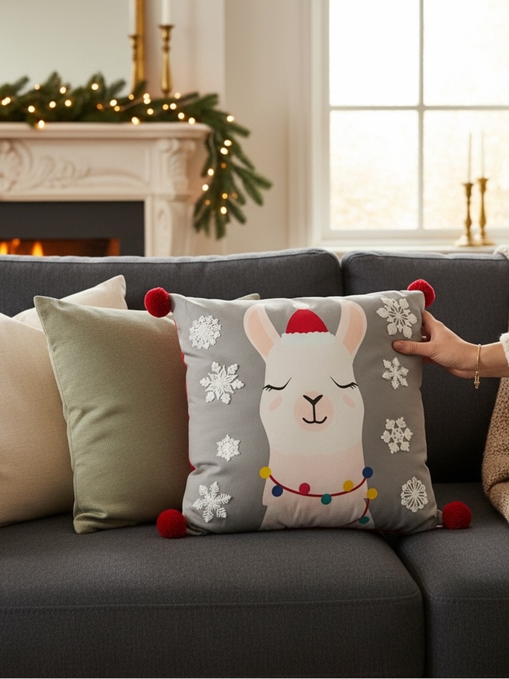 Stratford Home Christmas Llama Pillow 16x16 Gray Red Snowflake Poms Poms EUC
